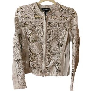 EUC INC Bomber Jacket, Faux Leather, Crochet, Lace, Neutral, Boho, Sz XS​​